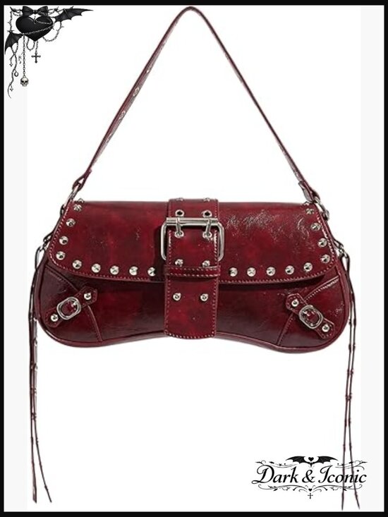 Handbags - Studded Leather Shoulder Bag with Flap Buckle Closure and Top Handle